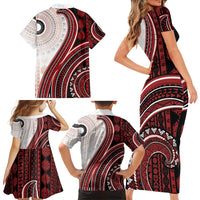 Bula Fiji Vintage Tapa Family Matching Short Sleeve Bodycon Dress and Hawaiian Shirt Kaivity Masi Wave Motifs - Red