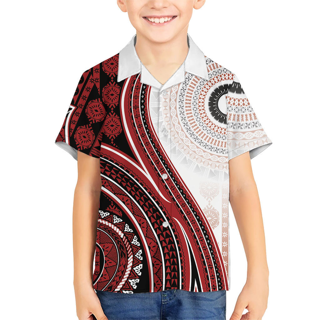 Bula Fiji Vintage Tapa Family Matching Short Sleeve Bodycon Dress and Hawaiian Shirt Kaivity Masi Wave Motifs - Red
