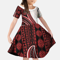 Bula Fiji Vintage Tapa Family Matching Summer Maxi Dress and Hawaiian Shirt Kaivity Masi Wave Motifs - Red LT7 Daughter's Dress Red - Polynesian Pride