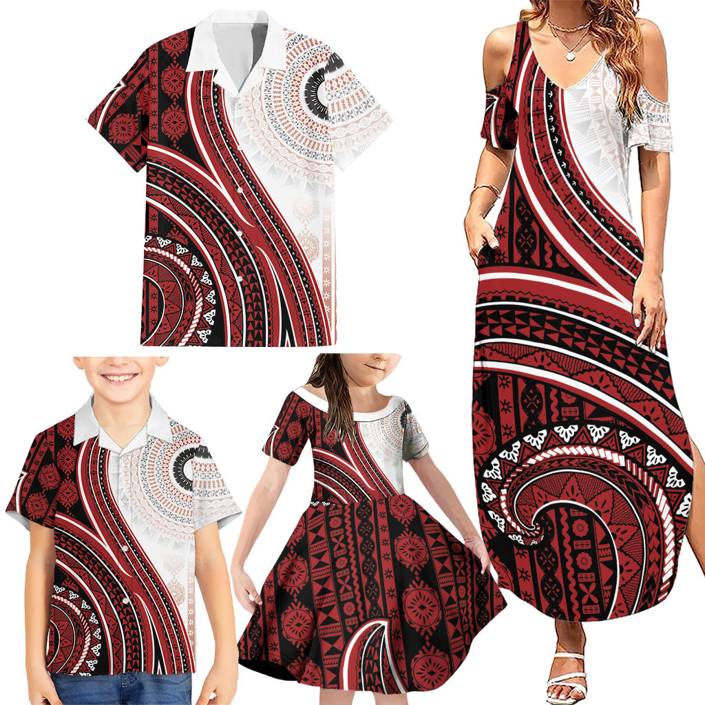 Bula Fiji Vintage Tapa Family Matching Summer Maxi Dress and Hawaiian Shirt Kaivity Masi Wave Motifs - Red