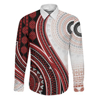 Bula Fiji Vintage Tapa Family Matching Summer Maxi Dress and Hawaiian Shirt Kaivity Masi Wave Motifs - Red LT7 Dad's Shirt - Long Sleeve Red - Polynesian Pride