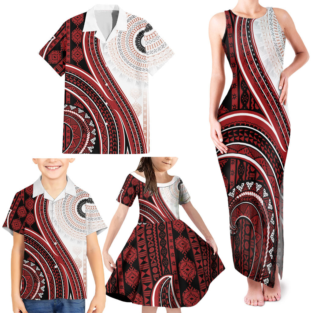 Bula Fiji Vintage Tapa Family Matching Tank Maxi Dress and Hawaiian Shirt Kaivity Masi Wave Motifs - Red
