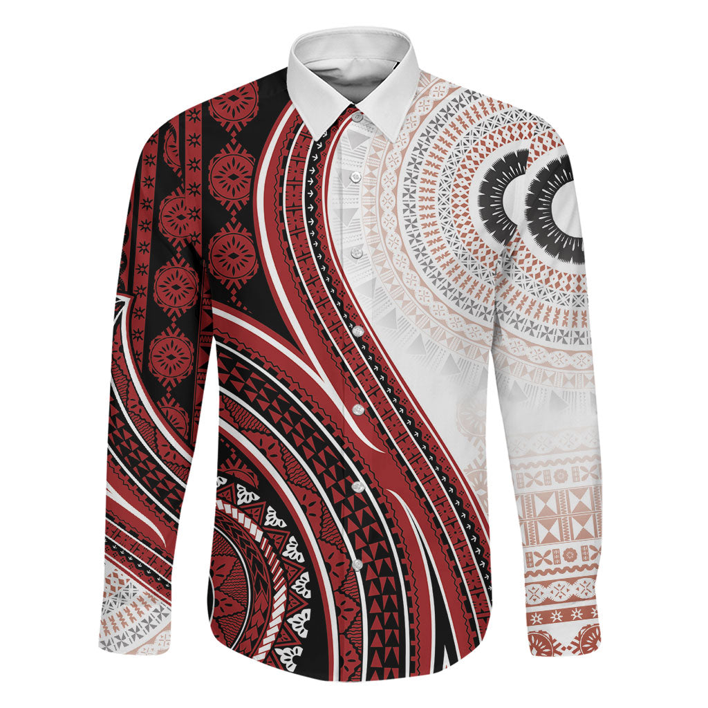 Bula Fiji Vintage Tapa Family Matching Tank Maxi Dress and Hawaiian Shirt Kaivity Masi Wave Motifs - Red