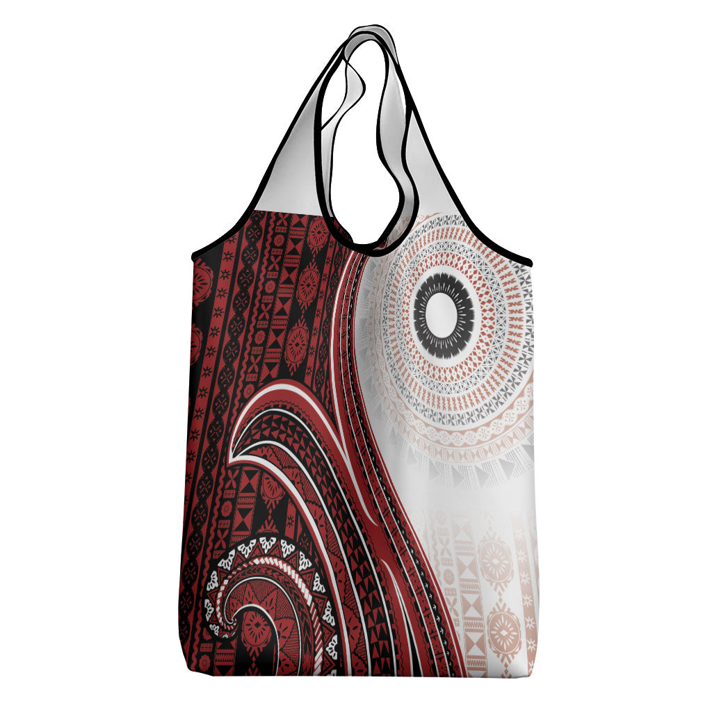 Bula Fiji Vintage Tapa Grocery Bag Kaivity Masi Wave Motifs - Red