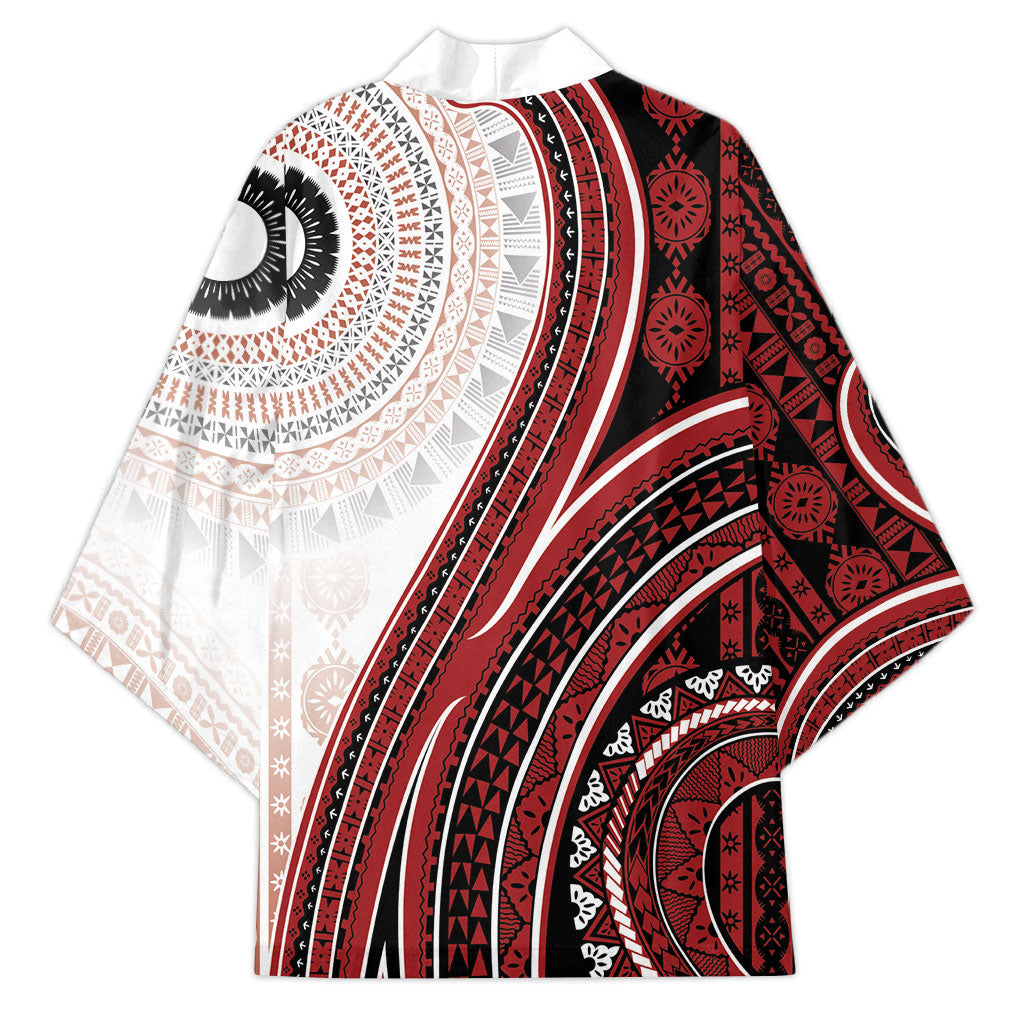Bula Fiji Vintage Tapa Kimono Kaivity Masi Wave Motifs - Red