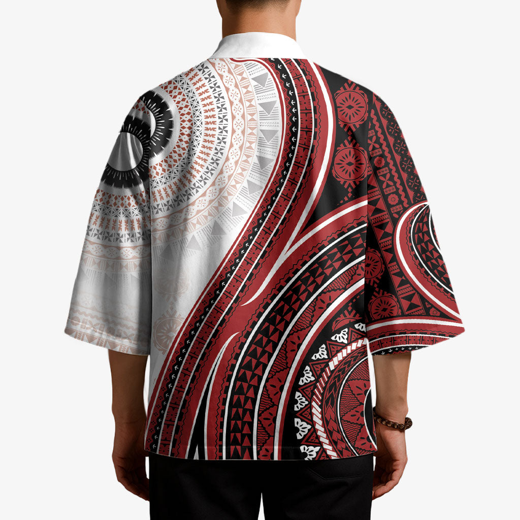 Bula Fiji Vintage Tapa Kimono Kaivity Masi Wave Motifs - Red