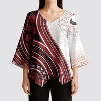 Bula Fiji Vintage Tapa Kimono Sleeve Blouse Kaivity Masi Wave Motifs - Red