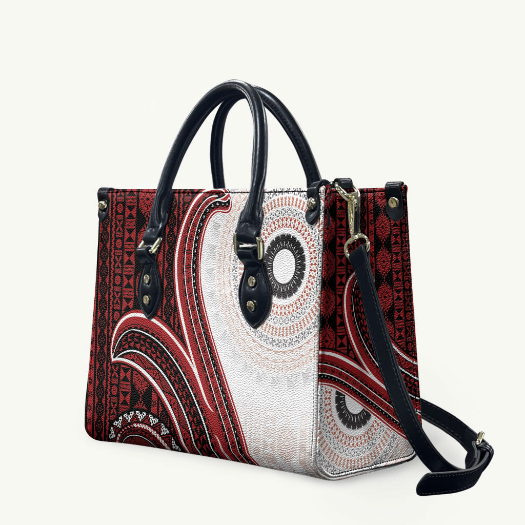 Bula Fiji Vintage Tapa Leather Bag Kaivity Masi Wave Motifs - Red