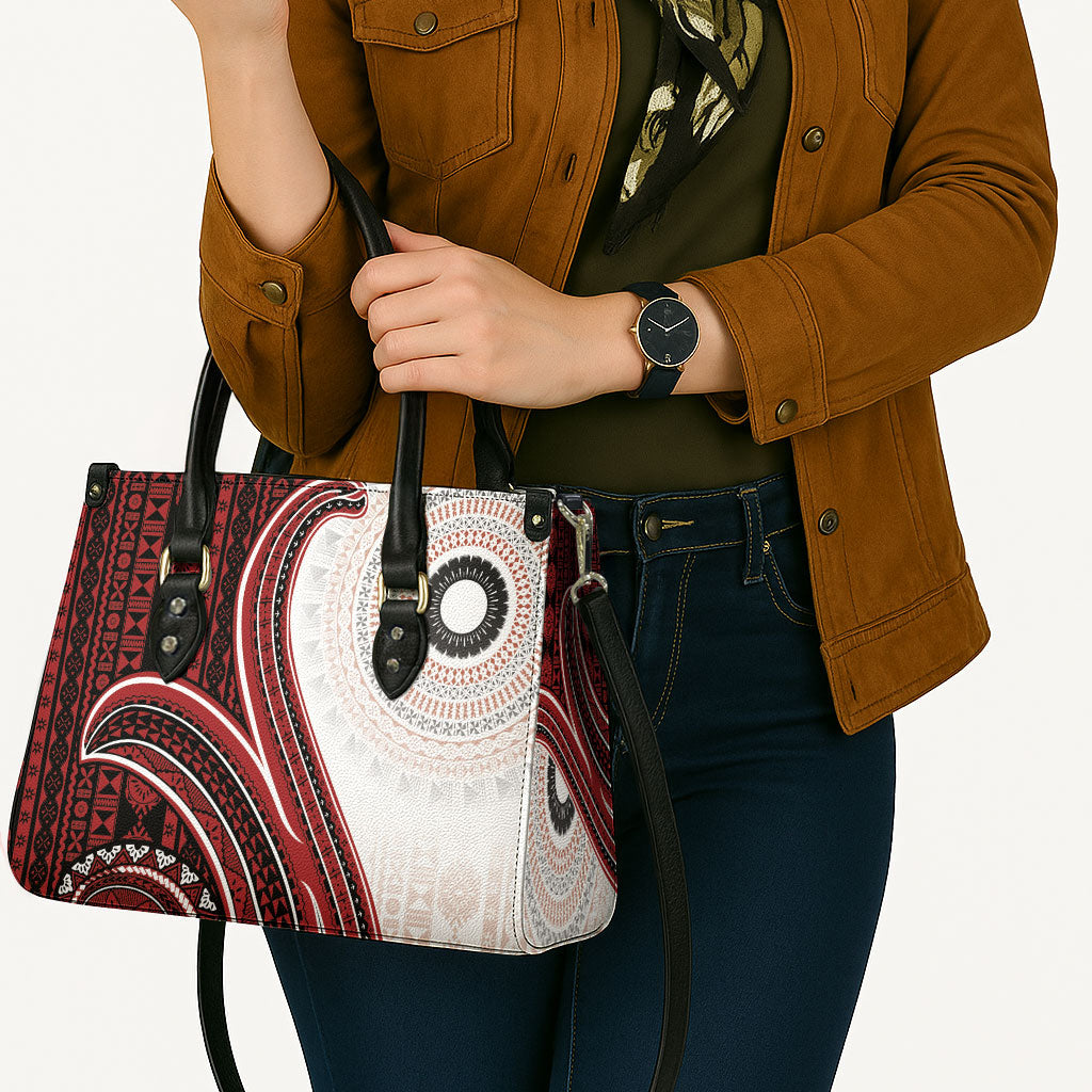 Bula Fiji Vintage Tapa Leather Bag Kaivity Masi Wave Motifs - Red