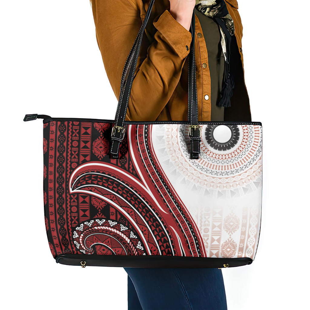 Bula Fiji Vintage Tapa Leather Tote Bag Kaivity Masi Wave Motifs - Red