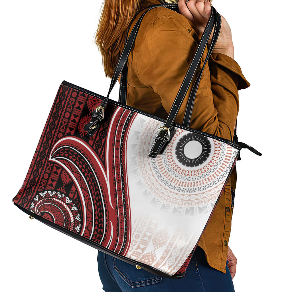 Bula Fiji Vintage Tapa Leather Tote Bag Kaivity Masi Wave Motifs - Red