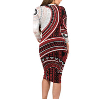 Bula Fiji Vintage Tapa Long Sleeve Bodycon Dress Kaivity Masi Wave Motifs - Red
