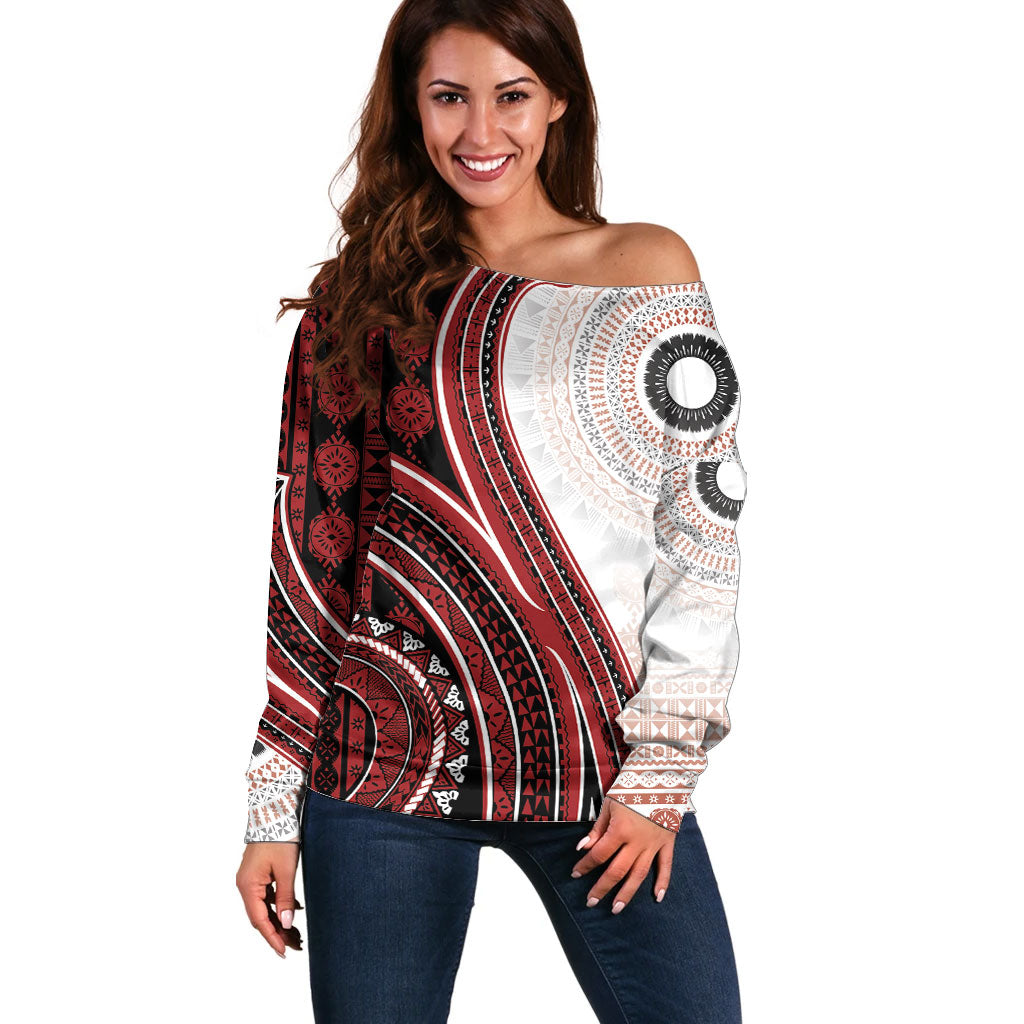 Bula Fiji Vintage Tapa Off Shoulder Sweater Kaivity Masi Wave Motifs - Red