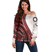 Bula Fiji Vintage Tapa Off Shoulder Sweater Kaivity Masi Wave Motifs - Red