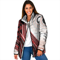Bula Fiji Vintage Tapa Padded Jacket Kaivity Masi Wave Motifs - Red
