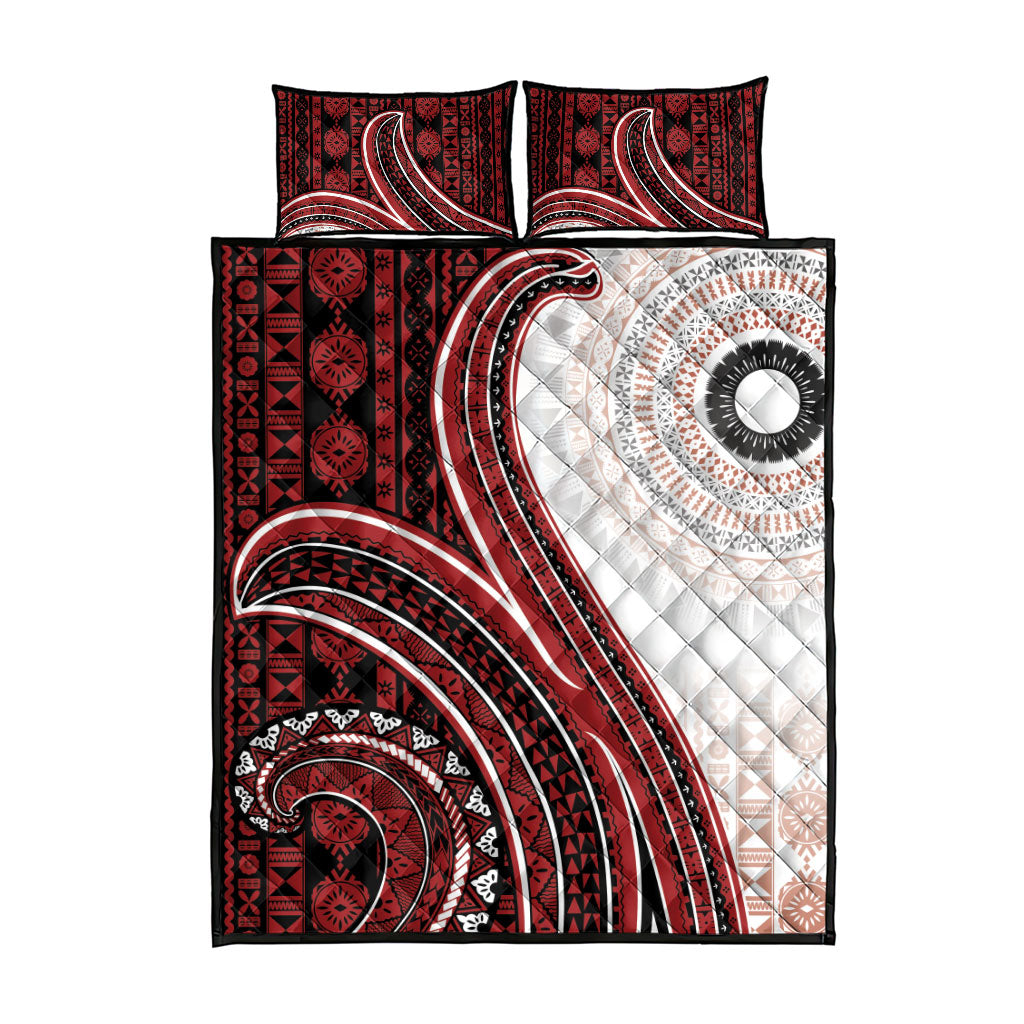Bula Fiji Vintage Tapa Quilt Bed Set Kaivity Masi Wave Motifs - Red