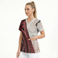 Bula Fiji Vintage Tapa Scrub Top Kaivity Masi Wave Motifs - Red