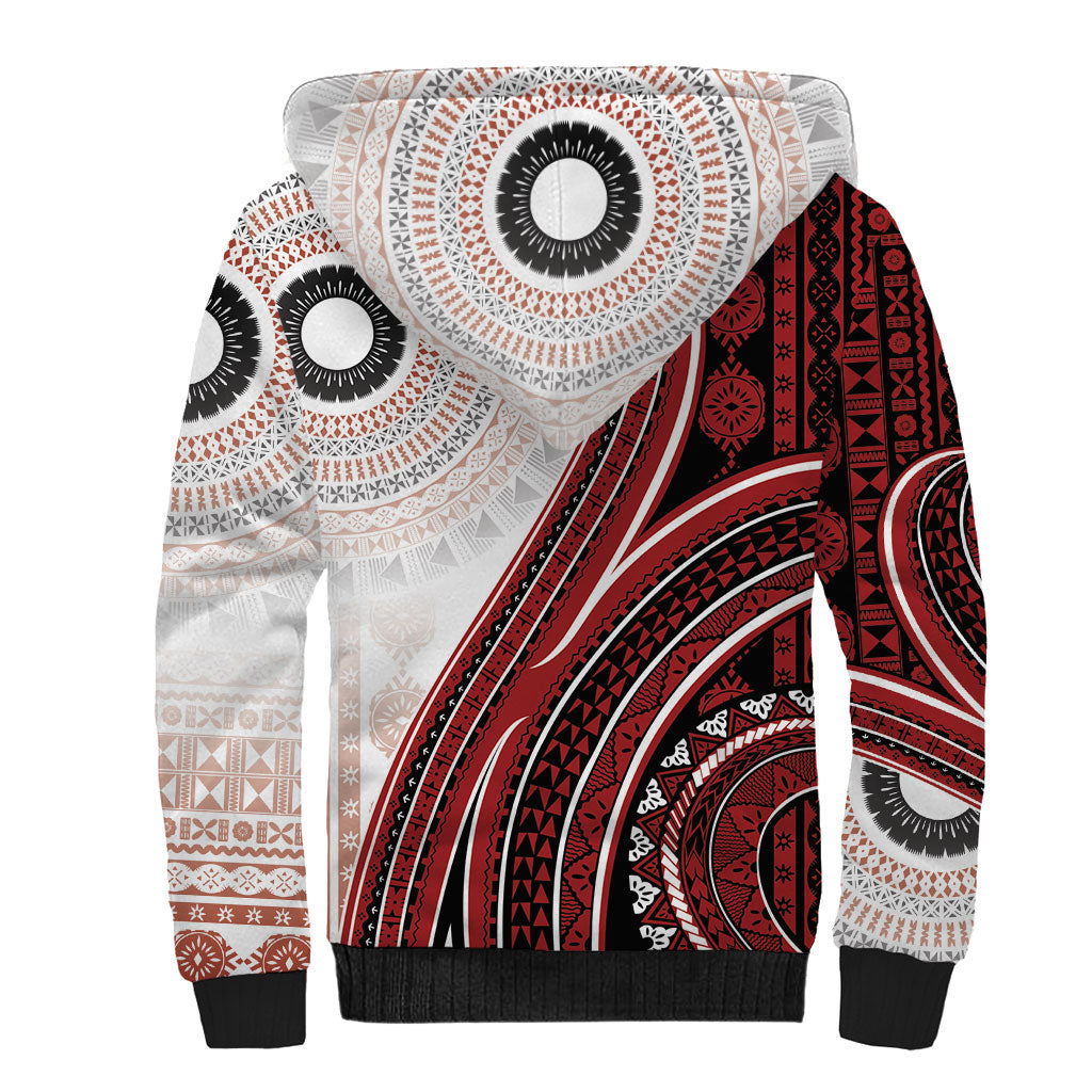 Bula Fiji Vintage Tapa Sherpa Hoodie Kaivity Masi Wave Motifs - Red