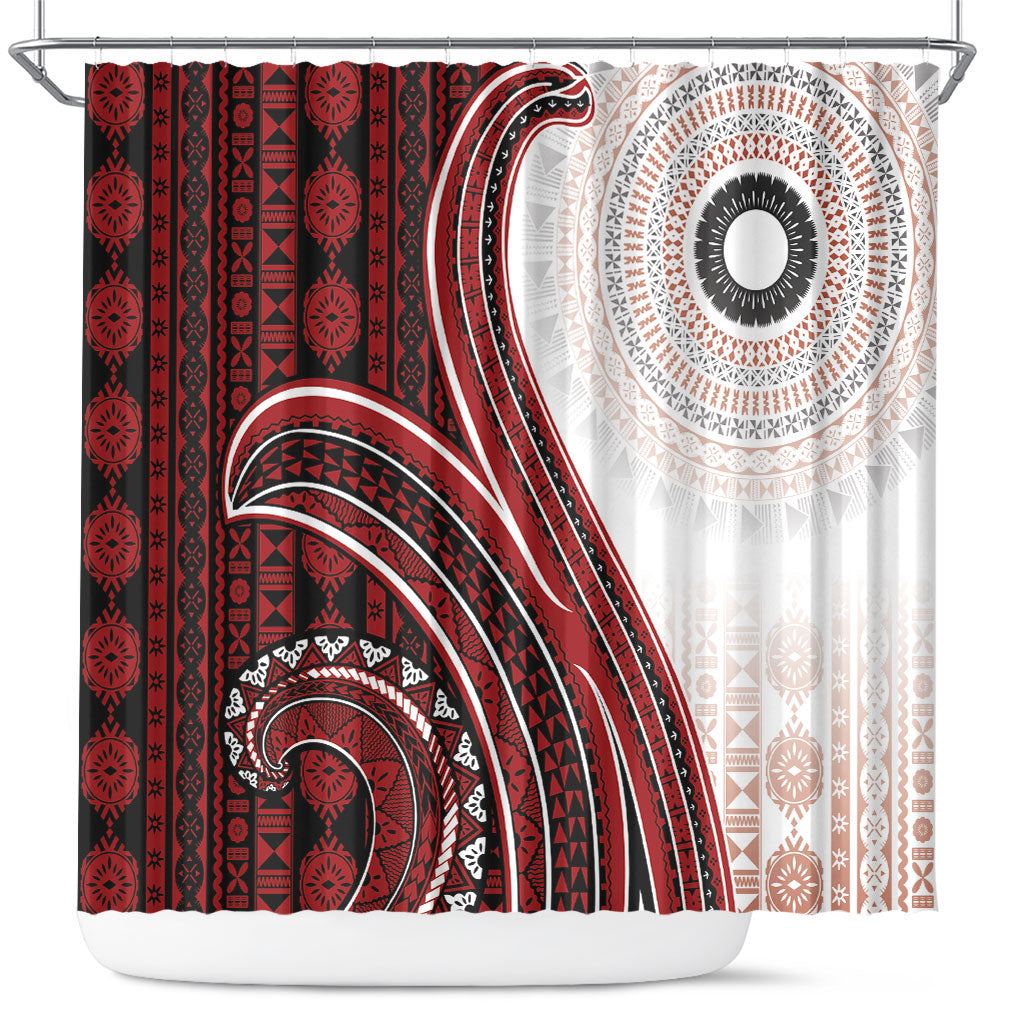 Bula Fiji Vintage Tapa Shower Curtain Kaivity Masi Wave Motifs - Red