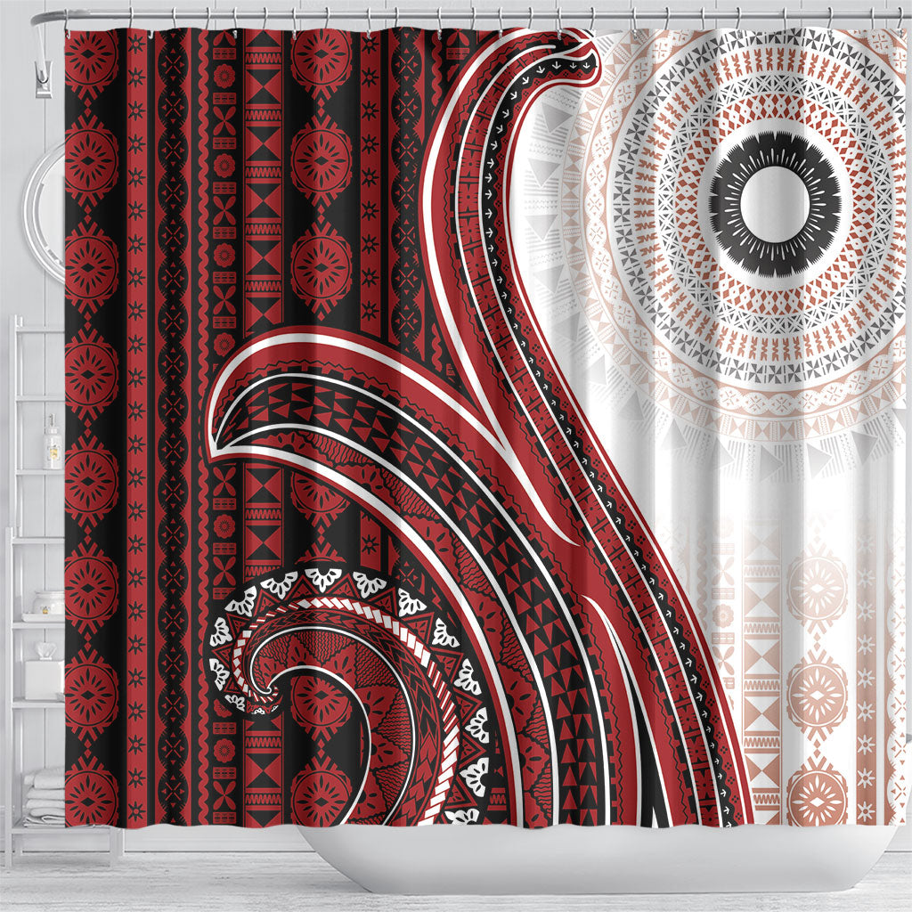 Bula Fiji Vintage Tapa Shower Curtain Kaivity Masi Wave Motifs - Red