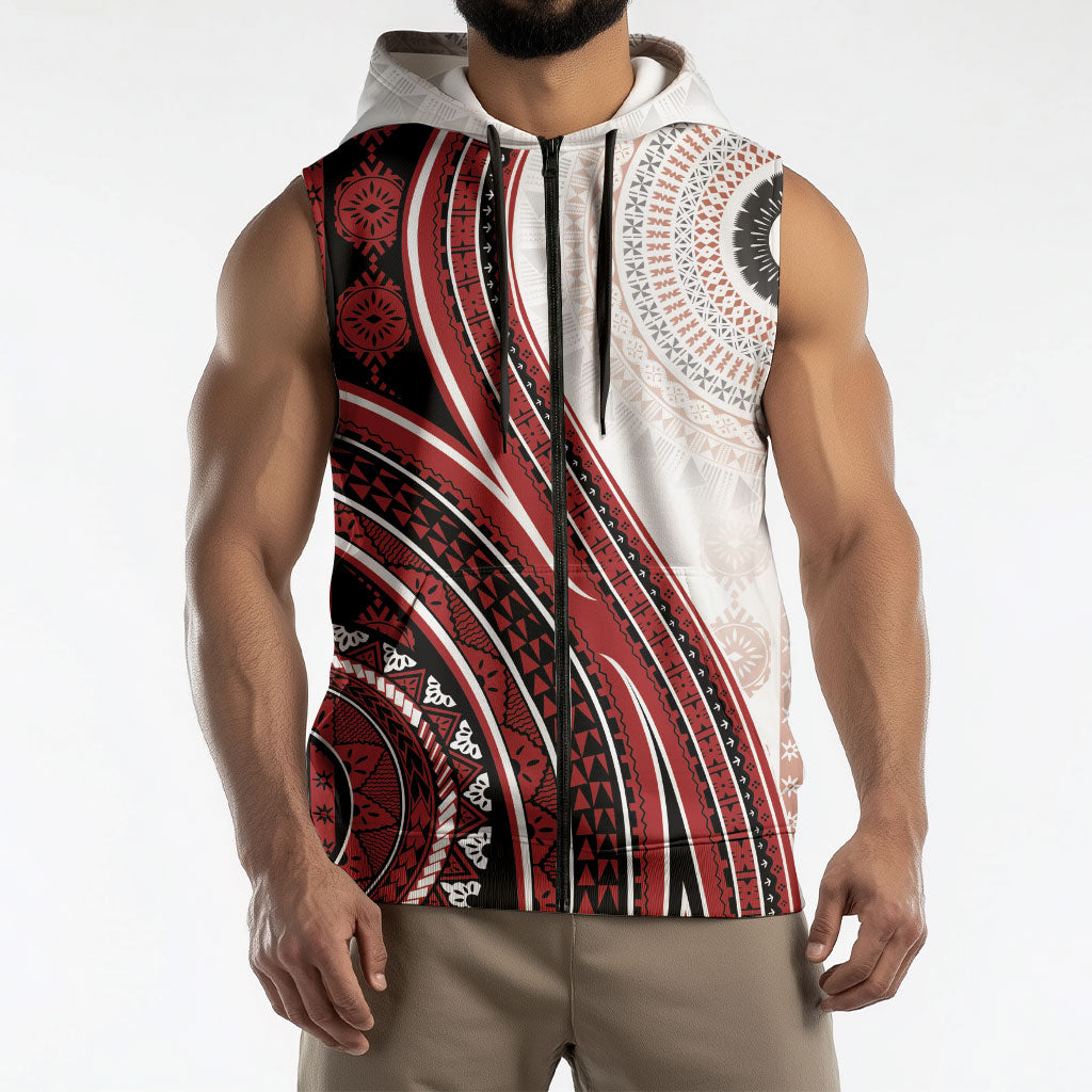 Bula Fiji Vintage Tapa Sleeveless Zip Hoodie Kaivity Masi Wave Motifs - Red