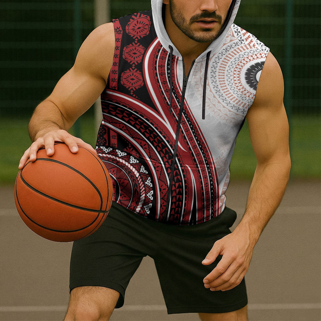 Bula Fiji Vintage Tapa Sleeveless Zip Hoodie Kaivity Masi Wave Motifs - Red