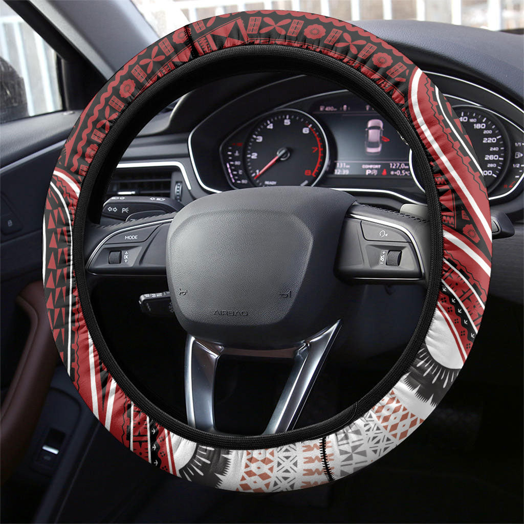Bula Fiji Vintage Tapa Steering Wheel Cover Kaivity Masi Wave Motifs - Red