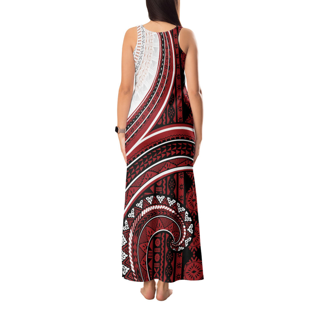 Bula Fiji Vintage Tapa Tank Maxi Dress Kaivity Masi Wave Motifs - Red
