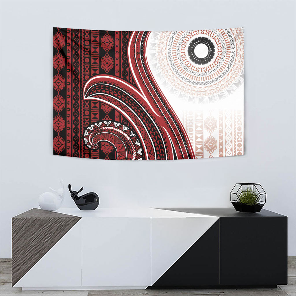 Bula Fiji Vintage Tapa Tapestry Kaivity Masi Wave Motifs - Red