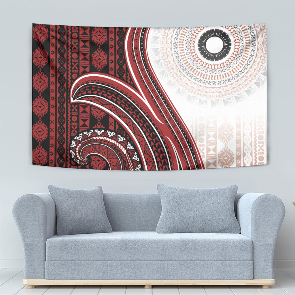 Bula Fiji Vintage Tapa Tapestry Kaivity Masi Wave Motifs - Red