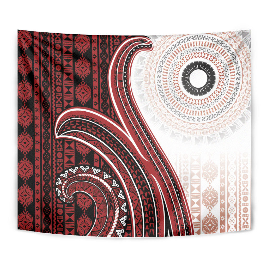 Bula Fiji Vintage Tapa Tapestry Kaivity Masi Wave Motifs - Red