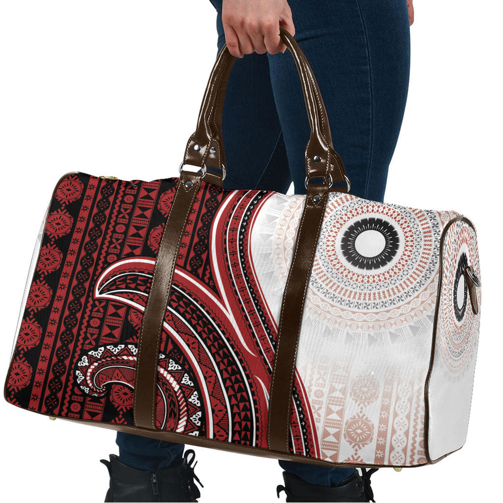 Bula Fiji Vintage Tapa Travel Bag Kaivity Masi Wave Motifs - Red