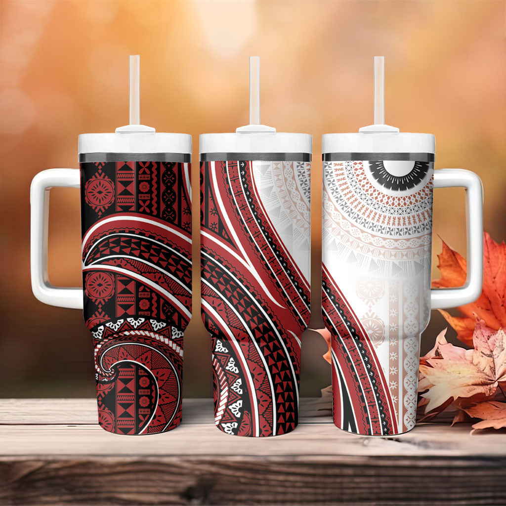Bula Fiji Vintage Tapa Tumbler With Handle Kaivity Masi Wave Motifs - Red