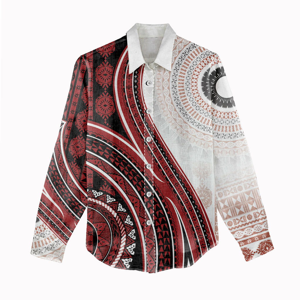 Bula Fiji Vintage Tapa Women Casual Shirt Kaivity Masi Wave Motifs - Red