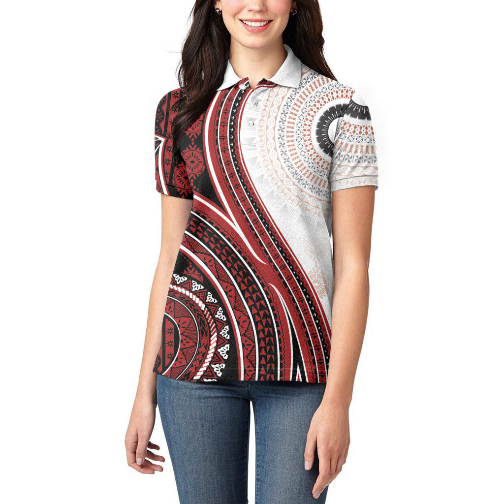 Bula Fiji Vintage Tapa Women Polo Shirt Kaivity Masi Wave Motifs - Red