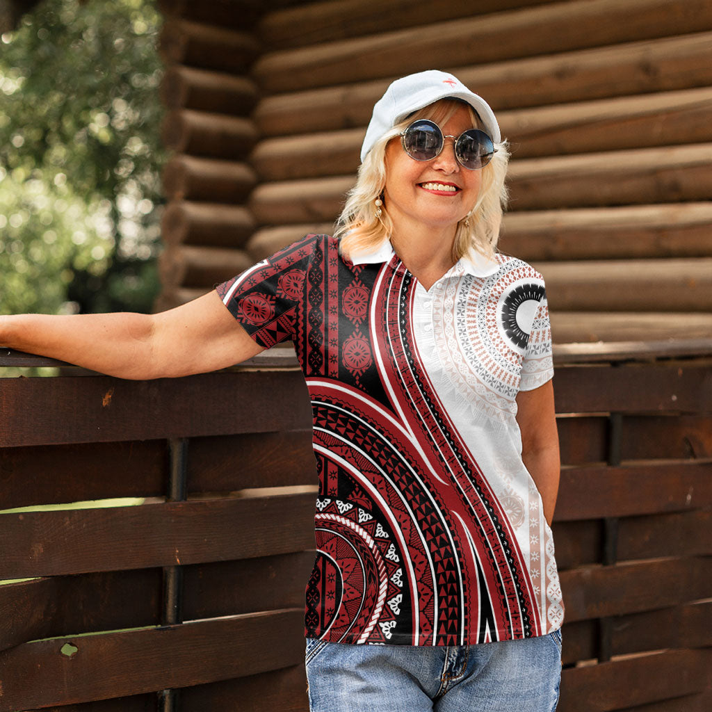 Bula Fiji Vintage Tapa Women Polo Shirt Kaivity Masi Wave Motifs - Red
