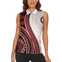 Bula Fiji Vintage Tapa Women Sleeveless Polo Shirt Kaivity Masi Wave Motifs - Red