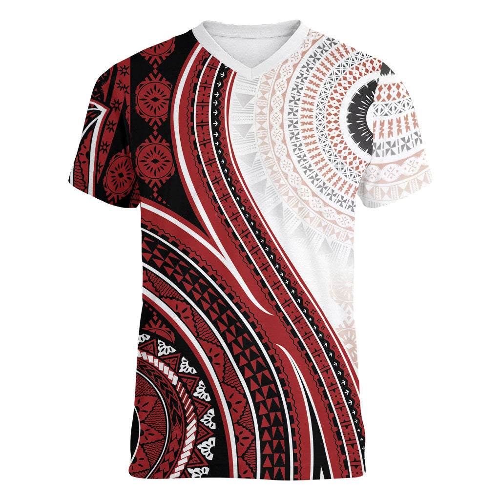 Bula Fiji Vintage Tapa Women V-Neck T-Shirt Kaivity Masi Wave Motifs - Red