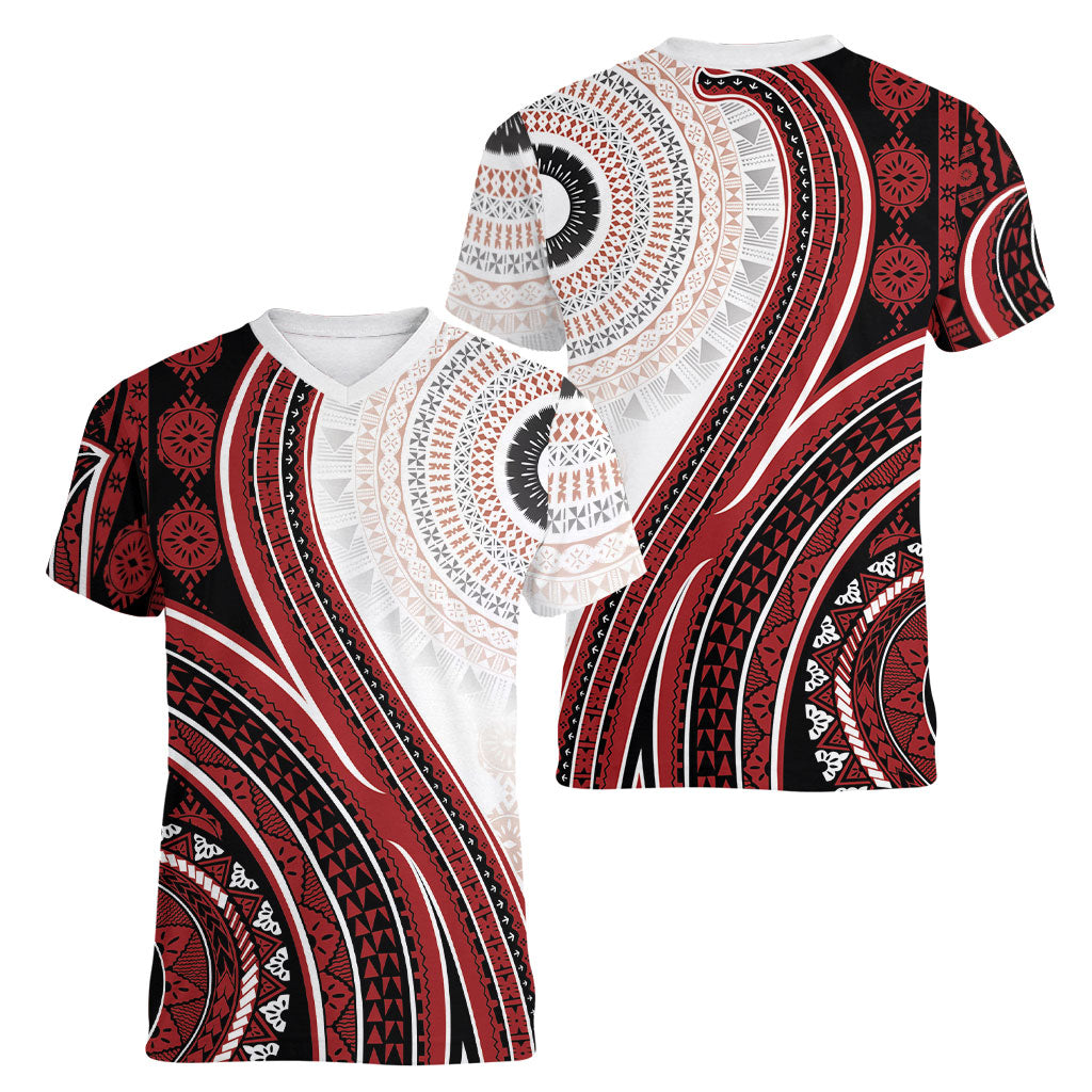 Bula Fiji Vintage Tapa Women V-Neck T-Shirt Kaivity Masi Wave Motifs - Red