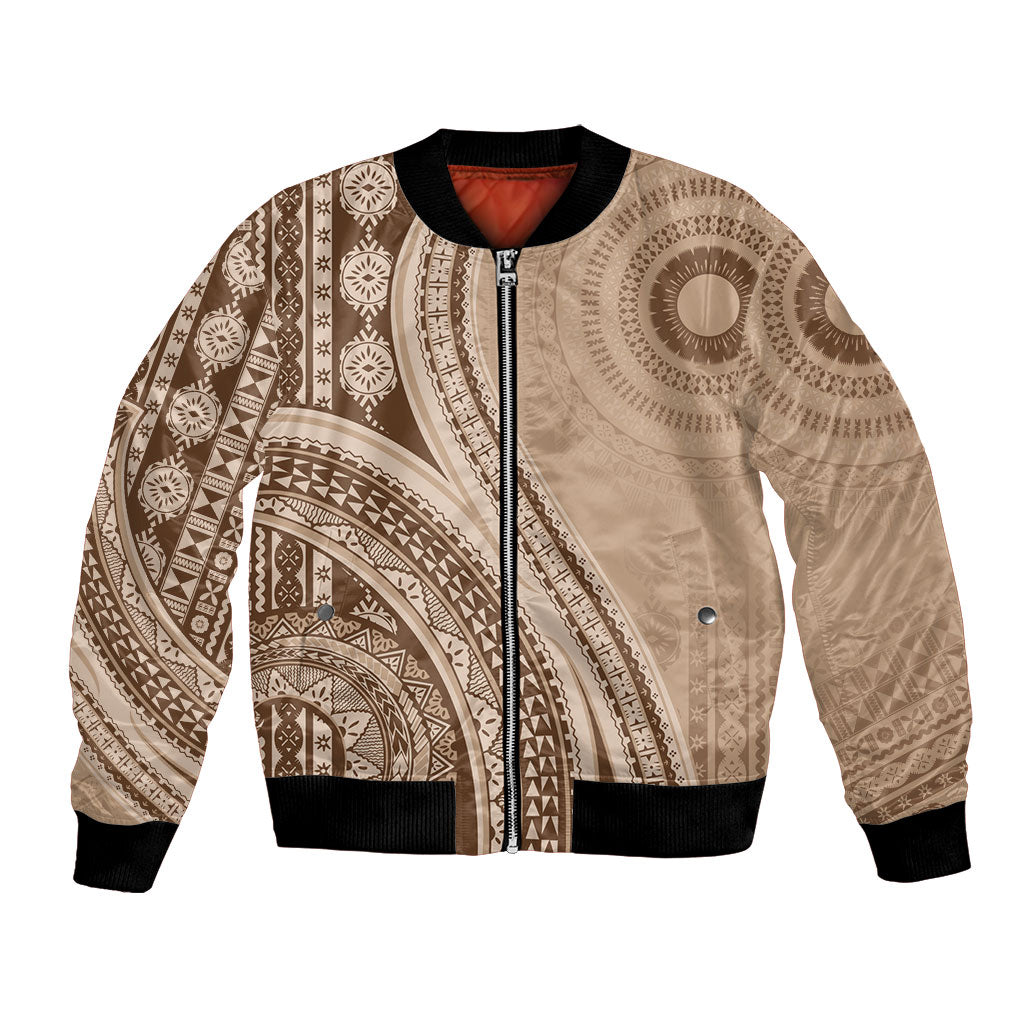 Bula Fiji Vintage Tapa Bomber Jacket Kaivity Masi Wave Motifs - Mocha