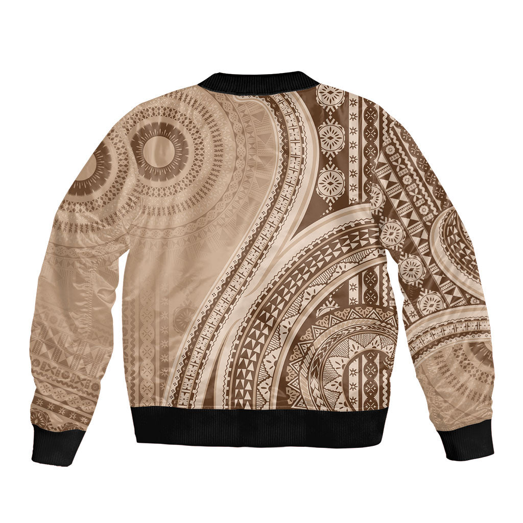Bula Fiji Vintage Tapa Bomber Jacket Kaivity Masi Wave Motifs - Mocha