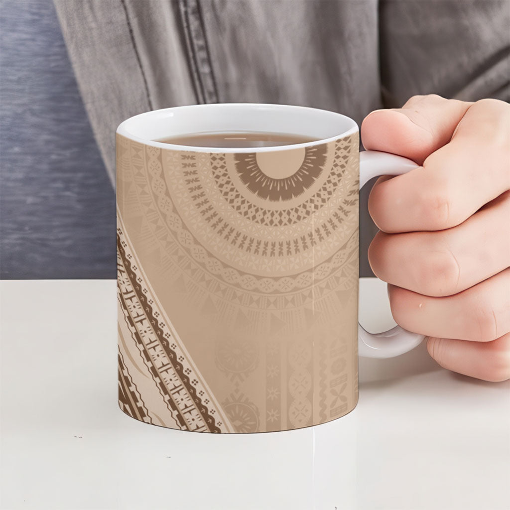 Bula Fiji Vintage Tapa Ceramic Mug Kaivity Masi Wave Motifs - Mocha