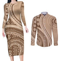 Bula Fiji Vintage Tapa Couples Matching Long Sleeve Bodycon Dress and Long Sleeve Button Shirt Kaivity Masi Wave Motifs - Mocha LT7 Beige - Polynesian Pride