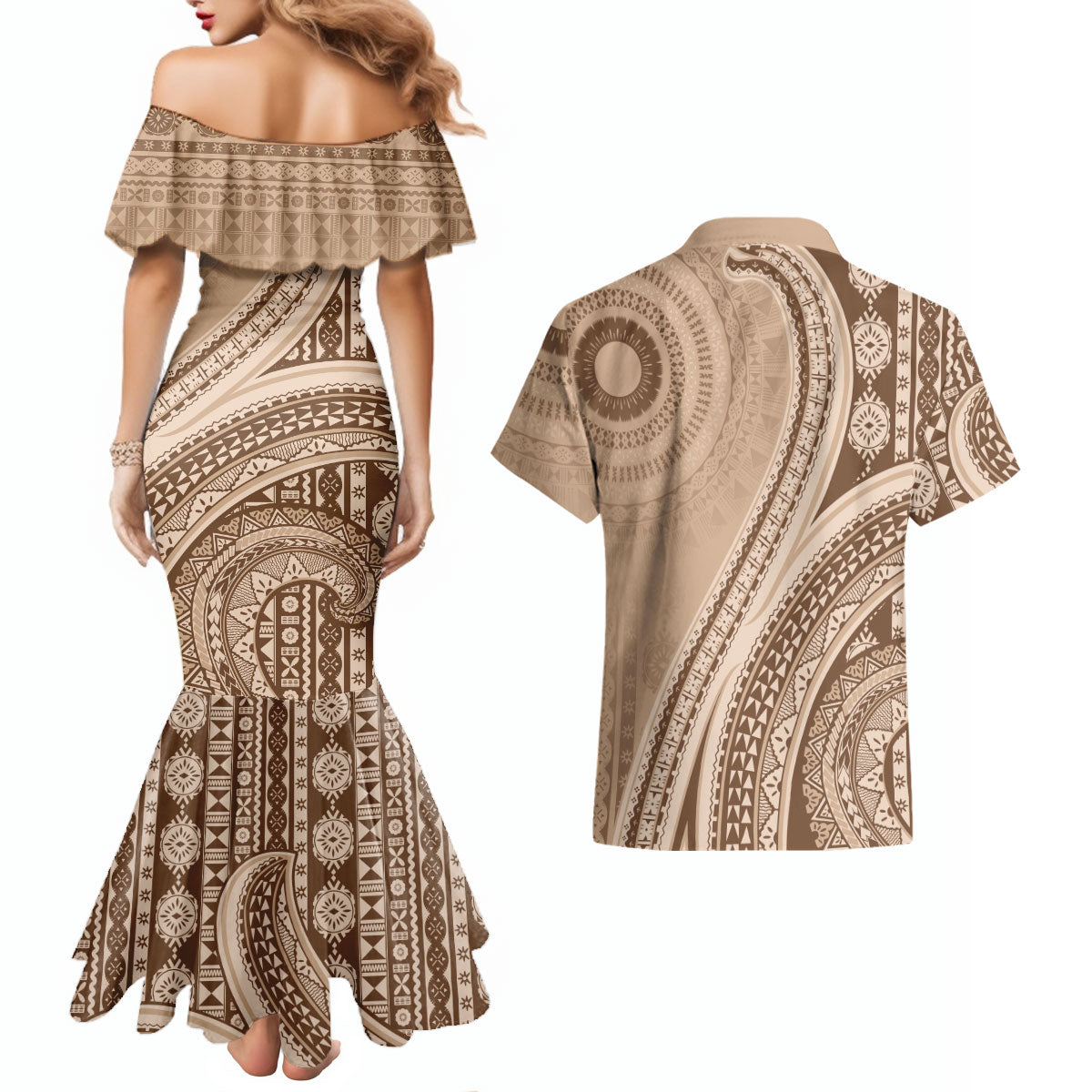 Bula Fiji Vintage Tapa Couples Matching Mermaid Dress and Hawaiian Shirt Kaivity Masi Wave Motifs - Mocha
