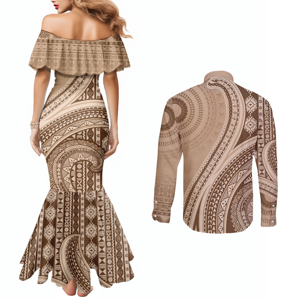 Bula Fiji Vintage Tapa Couples Matching Mermaid Dress and Long Sleeve Button Shirt Kaivity Masi Wave Motifs - Mocha LT7 - Polynesian Pride