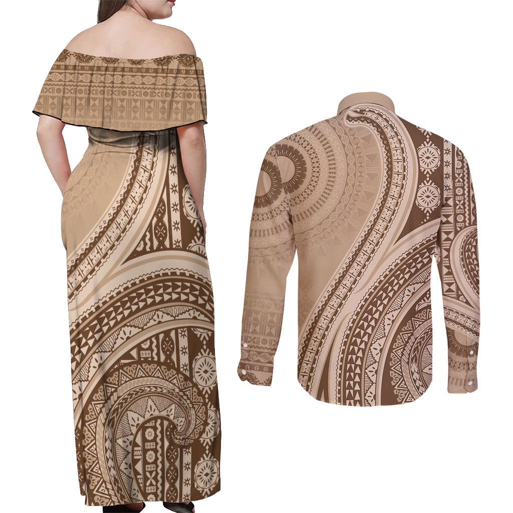 Bula Fiji Vintage Tapa Couples Matching Off Shoulder Maxi Dress and Long Sleeve Button Shirt Kaivity Masi Wave Motifs - Mocha