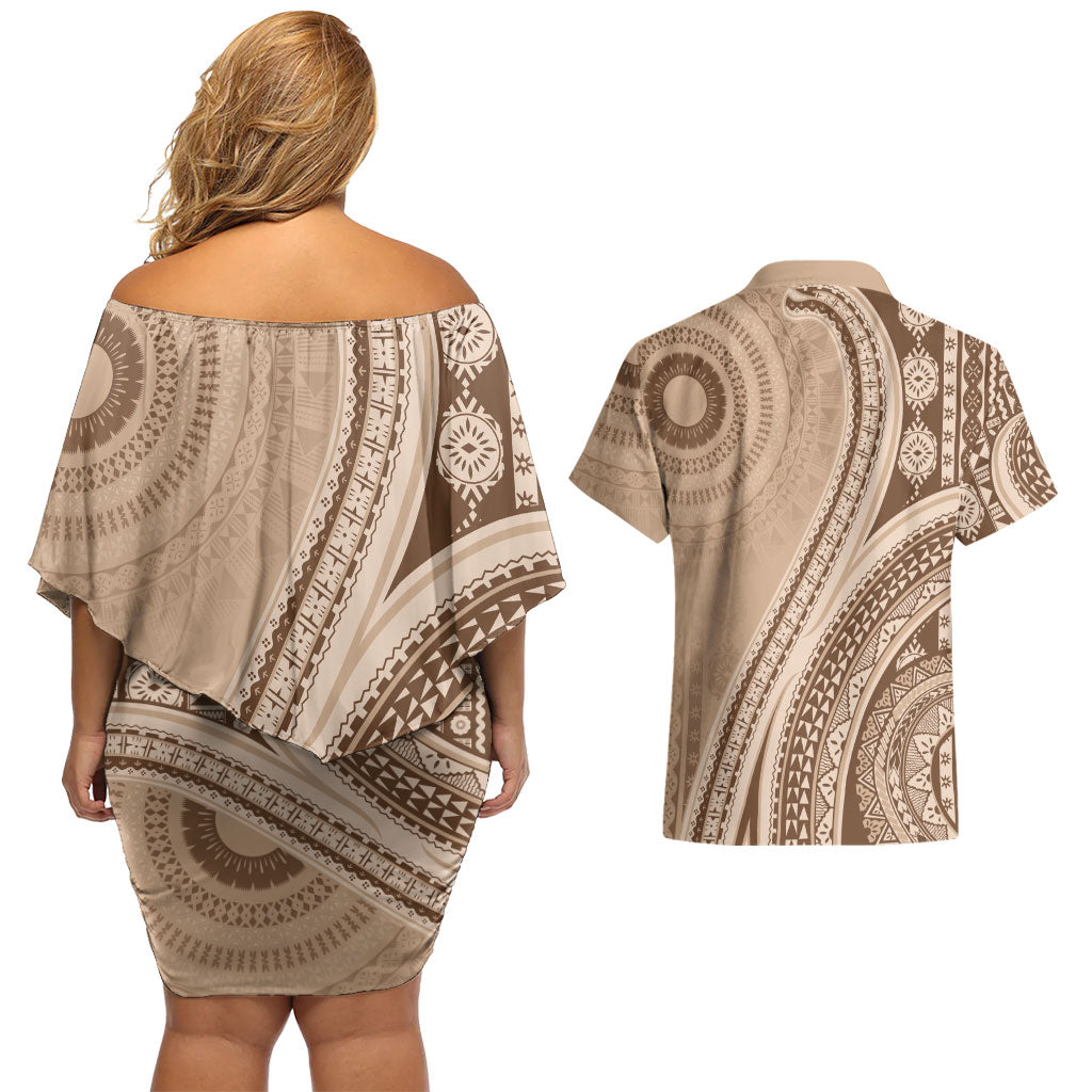 Bula Fiji Vintage Tapa Couples Matching Off Shoulder Short Dress and Hawaiian Shirt Kaivity Masi Wave Motifs - Mocha LT7 - Polynesian Pride