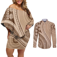 Bula Fiji Vintage Tapa Couples Matching Off Shoulder Short Dress and Long Sleeve Button Shirt Kaivity Masi Wave Motifs - Mocha