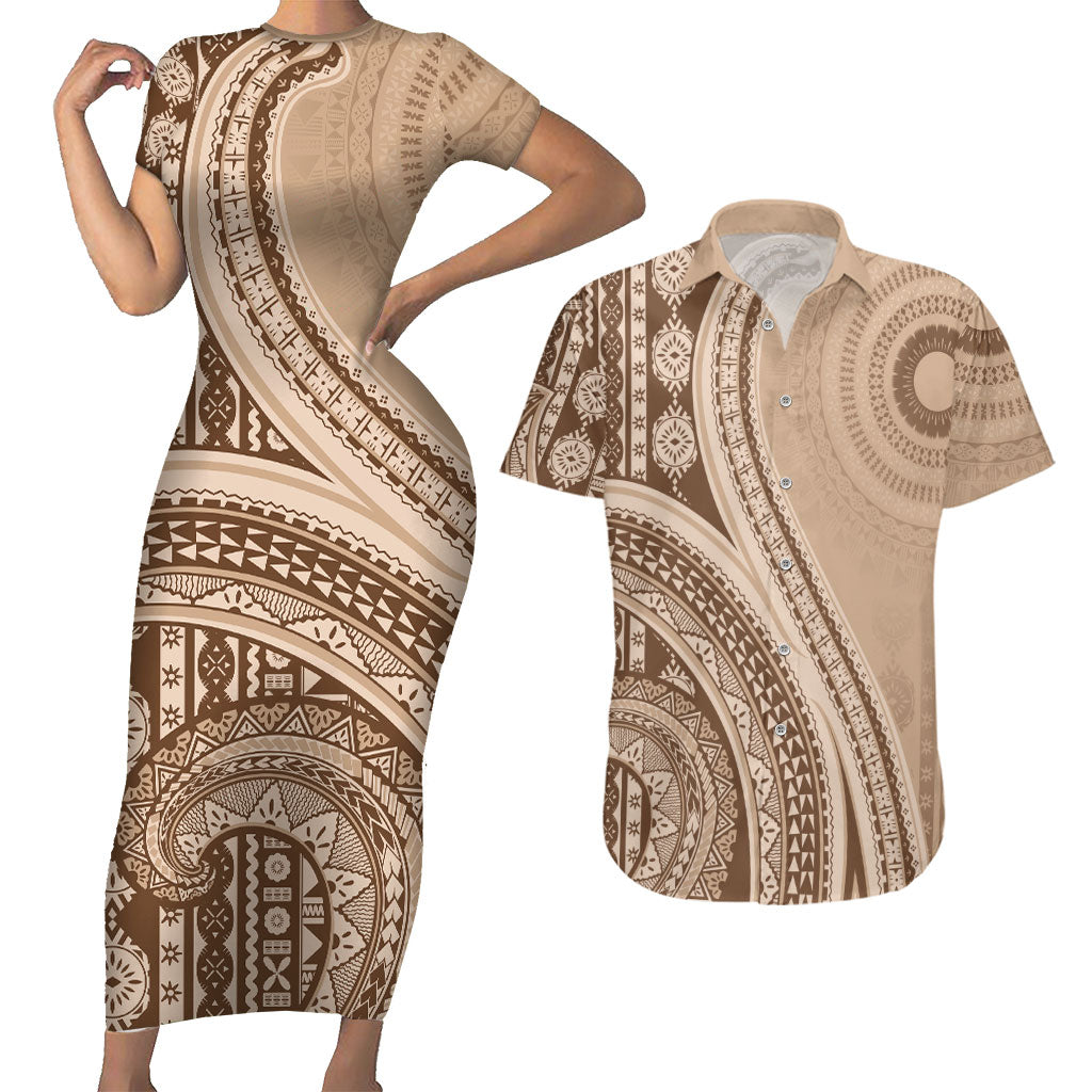 Bula Fiji Vintage Tapa Couples Matching Short Sleeve Bodycon Dress and Hawaiian Shirt Kaivity Masi Wave Motifs - Mocha LT7 Beige - Polynesian Pride