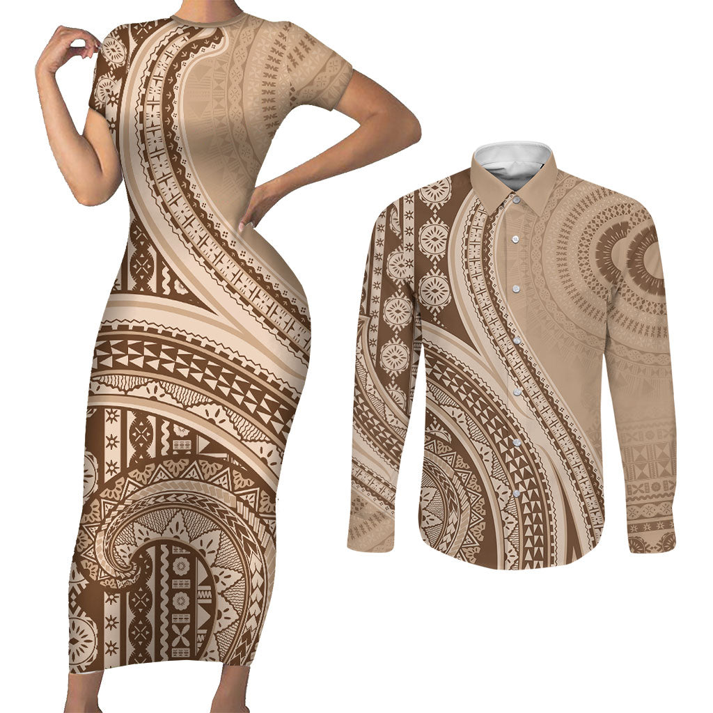Bula Fiji Vintage Tapa Couples Matching Short Sleeve Bodycon Dress and Long Sleeve Button Shirt Kaivity Masi Wave Motifs - Mocha LT7 Beige - Polynesian Pride